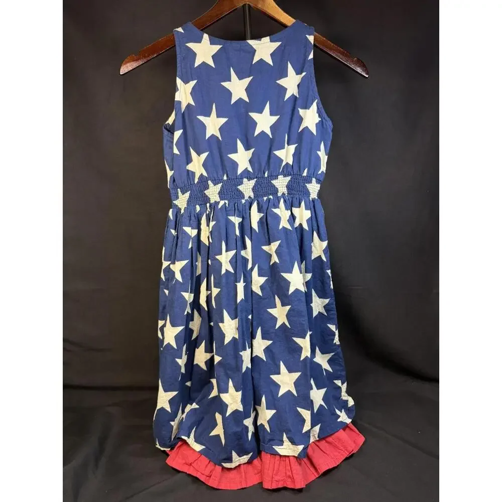Yo Baby‎ Dress Girls 13 Blue Star Sleeveless Ruffle Hem Smocked Waist Patriotic